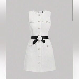 Shein camellia flower tweed white mini dress